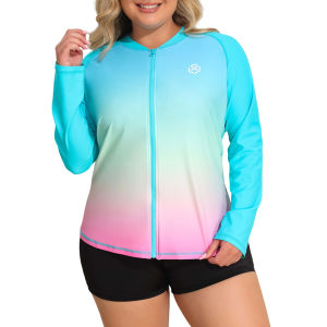 Charmo Women Plus Size Rash Guard Zipper Long Sleeves Quick Dry Soft Swimming Shirt Gradients Color UPF 50+ Crew Neck Surfing(XL=1XXXL=2X3XL=3X)