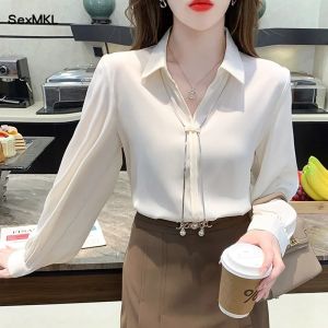 Elegant Office Chiffon Blouses Women  Autumn Winter Long Sleeve White Pink Shirts Korean Style Loose Work Ladies Tops