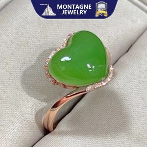 Montagne Jewelry 18k Pure Gold ring for women Love Heart Design Diamond Inset Fine Jewelry Natural 12x12mm Green Jade Ring
