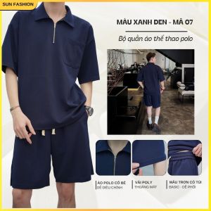 Bộ quần áo nam nữ thể thao SUN 07 Xanh Đen chất poly áo polo mềm mại quần form suông dễ phối đồ