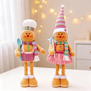 LIVELYN Stretch Legs Gingerbread Man Plush Ornament Pink Grid Skirt Plush Material Stretch Leg Plush Decor Whimsical Hanging Style Gingerbread Man Figurine Christmas Tree