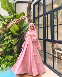Gamis Elegan Payet Modern Lebaran - Gaya Korea/Asiatica dengan Kerah Crew Neck dan Lengan Panjang - Bahan Ceruty Warna Solid