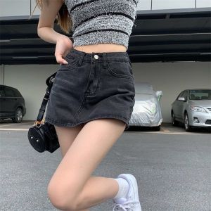 Rok A-line longgar berpinggang tinggi denim pinggang tinggi retro baru gaya Korea