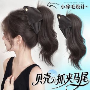 OMQAIO Synthetic Shell Claw Clip Ponytail Wig with Grab Clip Elegant Short Wavy Layered Ponytail Hair Accessories Hair Extensions Bowknot Pony Tail Hair Piece for Women