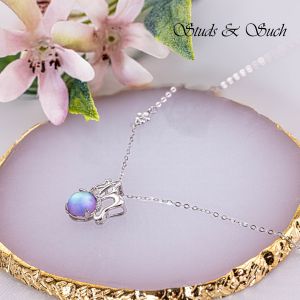 [Studs & Such] 925 Silver Necklace With Natural Moonstone & Cubic Zirconia Butterfly Pendant