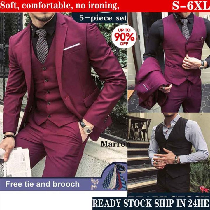Mens Two Button Slim Fit Vested Prom Tuxedo Suit with Trim in Burgundy main image 1