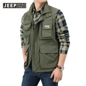 เสื้อกั๊กผู้ชายแบบมีกระเป๋าหลายใบตาข่ายประมง JEEP SPIRIT การพักผ่อนกลางแจ้งการปีนเขาเสื้อกั๊กลายรูปภาพผู้ชายสำหรับฤดูร้อน