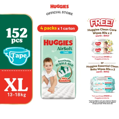 HUGGIES AirSoft Tape Diapers M52/L44/XL38 (4 packs) - Breathable and soft diapers for baby