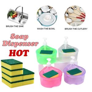 2 in 1 Round/Square Shape Dishwashing Soap Liquid Pump Soap Dispenser with Free Sponge for Bathroom Kitchen
