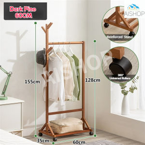 [SG Stock]Bamboo Clothes Stand Clothes Rack Movable Drying Rack with Wheels