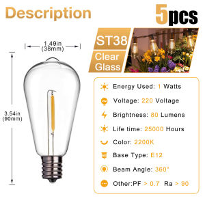 5pcs ST38 Led String Light Replacement Bulb 1W 220V Plastic Shatterproof Garland Mini Ball Lamp E12 Base 2200K PET Edison Light Bulbs Street Garland Outdoor Replacement Lamp
