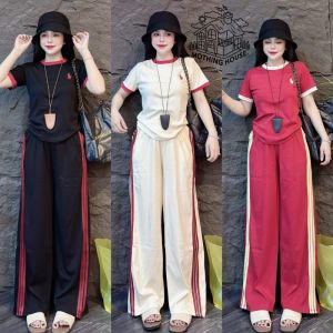Terno for Women Color Blocked  Pony T-shirt+Striped Wide Leg Pants Two Piece Sets Casual Outfits COD