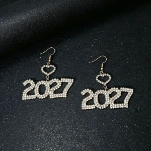 SLIGHTDELVE Hollowed-out Fashion 2027 Digital Earrings Long Drop Elegant Number Stud Dangle Earrings Simple Korean Style Heart-Shaped Happy New Year Earrings New Year Party Eve