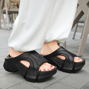 [Free Shipping] In-stock summer new style home and outdoor wear 7CM thick-soled womens EVA solid color high-heeled platform slide sandals with high elasticity