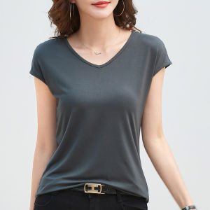 ผู้หญิงแขนสั้นเสื้อยืดคอวีเสื้อยืดสีเรียบ Modal ท็อปส์เสื้อยาวปิดถึงก้น