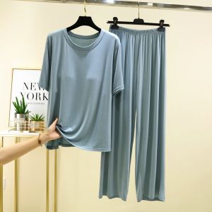 Women chest pads Pajamas 2pcs set Modal Cotton tops long pant nightwear Plain Loose Casual 2023 new Summer Comfortable round neck top Set Sleepwear womans Suit㏇X0410