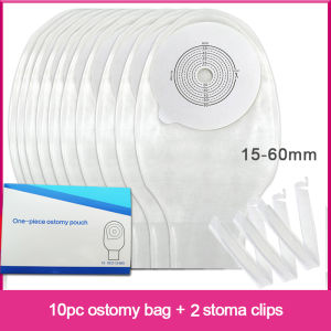 HDR 10pcs 15-60mm Cut Size Beige Cover Drainable one-piece System Ostomy Bag Colostomy Bag Pouch Ostomy Stoma with 2 stoma clips