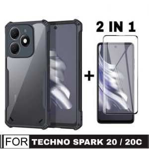 Promo Paket 2 in 1 Case Armor Fusion Shockproof Transparent Tecno Spark 20 / 20C 2023 + Anti Gores Layar Tepi Hitam