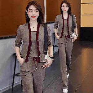 Womens fall suit widelegged pants casual sports threepiece camisole hooded sweater