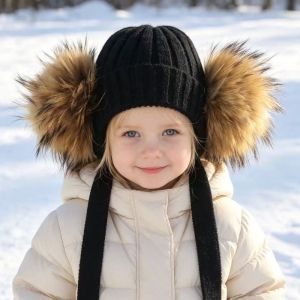 DOWNA Pompom đôi Mũ len cho bé Mùa đông Mềm mại Mũ len dệt. Dễ thương Ấm áp Mũ len cho trẻ nhỏ Dành cho trẻ em.