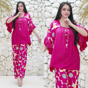 Oneset Bunga Setelan Celana Panjang Flower Rayon Tebal Halus Adem Pakaian Wanita Viral Kekinian