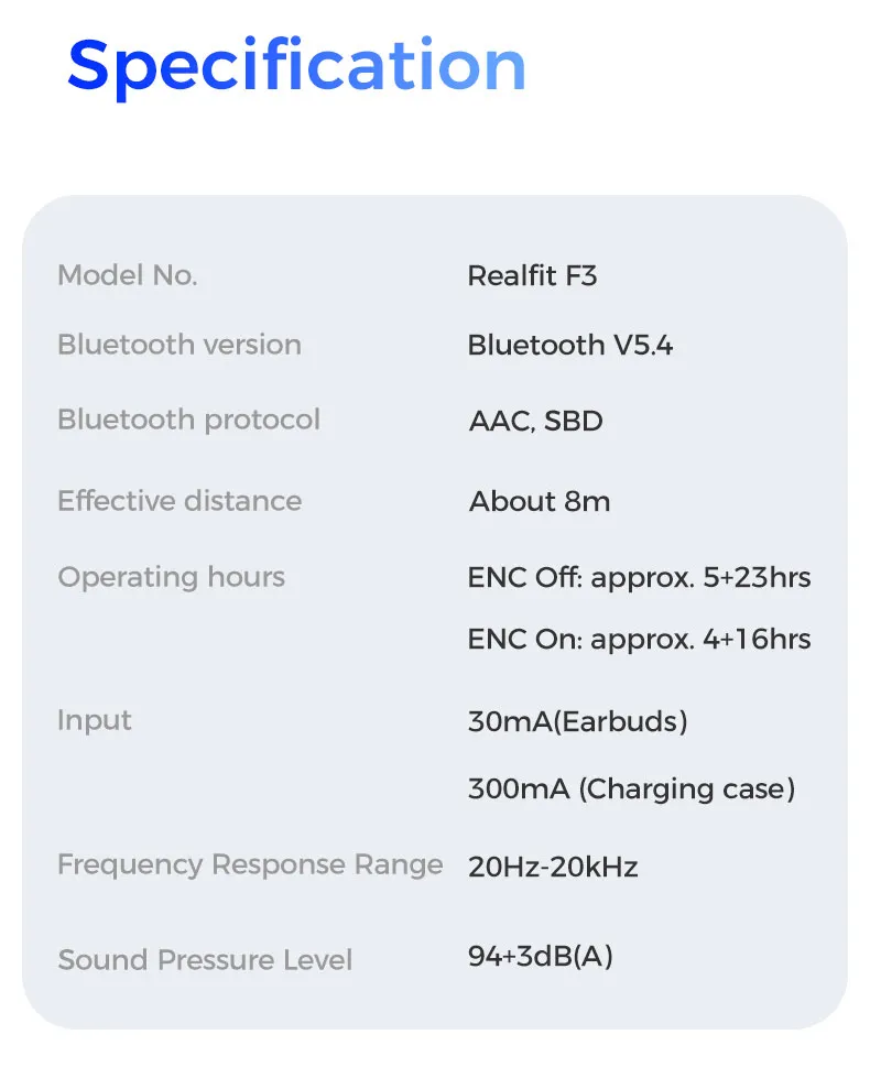 realfit F3 ANC Bluetooth 5.4 หูฟังบลูทูธ -38dB ตัดเสียงรบกวน พร้อมไมโครโฟน Bass หูฟัง คุณภาพเสียงดี