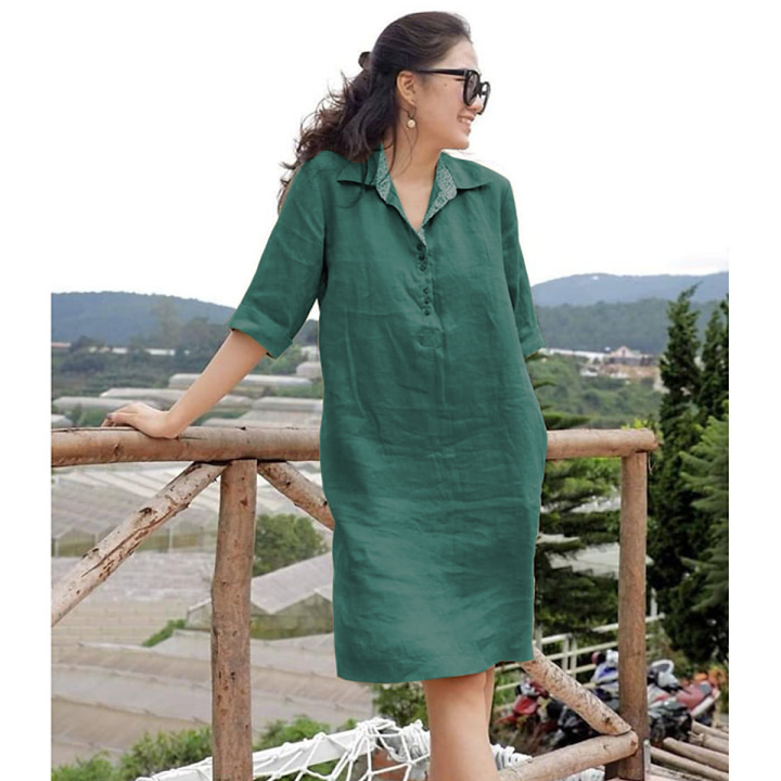 Đầm Công Sở Vải Linen Dáng Suông Cổ Tròn – Thời trang Pantio