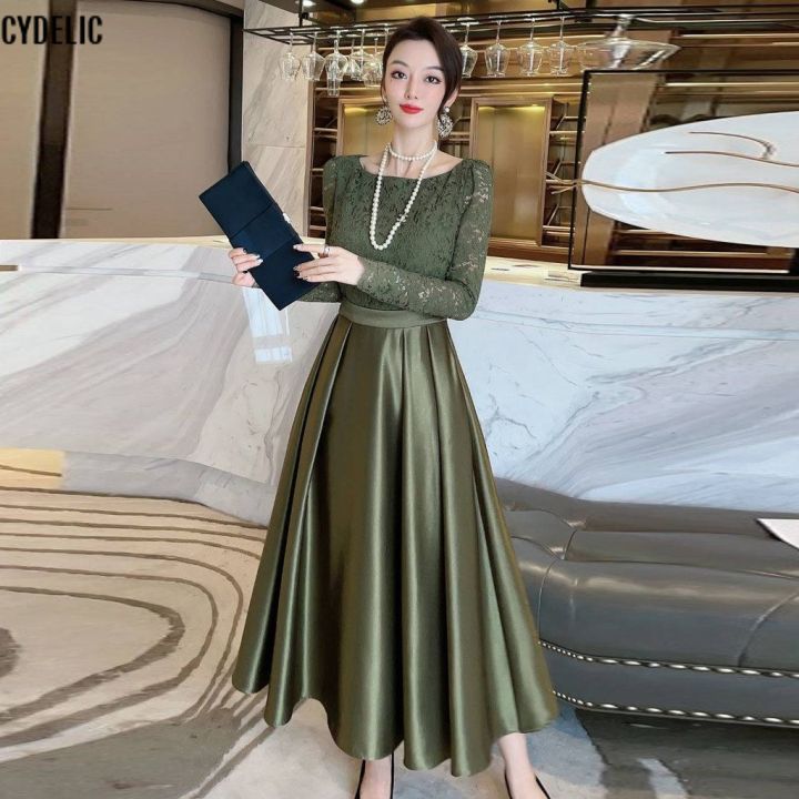 CYDELIC Sage Green Dress Formal and Elegant Spring New Hepben Style High Waisted Dress for Women Actress Elegant Temperament with Lace Stitching Satin Pleated Skirt Lazada PH