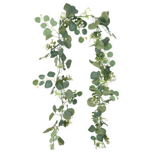 YESPERY ใบไม้ยูคาลิปตัสเทียม180ซม. พวงมาลัยเขียวชะอุ่มต้นไม้ปลอมฤดูใบไม้ผลิพร้อมดอกไม้สีขาวสำหรับตกแต่งลานบ้านงานแต่งงาน