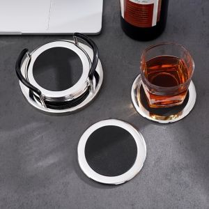 PATTYUIO 6PCS/SET Round Stainless Steel Coaster Waterproof Minimalist Insulation Cup Mat Modern with Storage Rack Drink Pad Dining Table