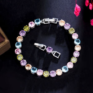 SEQUITO Gorgeous Ladies Wrist Jewelry White Gold Plated Pave Setting Round Colorful Crystal Stone Charming Pendant Bracelet Costume Jewellery B308