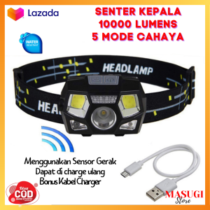 Senter Kepala LED COB Terang Mini Berkemah Mendaki Gunung DaruratLampu Besar Sensor Gerakan Dapat Diisi Ulang USB Tahan Air /Senter Bukan SWAT Polisi Kecil Impor Original Murah Charge Ulang/TaffLED Headlamp Rechargeable USB Motion XPE+COB 10000 Lumens