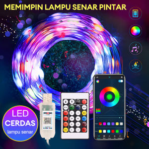 Smart LED Fairy Strip Light Running Kontrol Suara Lampu Tali 10M Sensor Music Bluetooth Remote RGB Aplikasi Kontrol Lampu Suasana Dekoratif Rumah Luar Ruangan