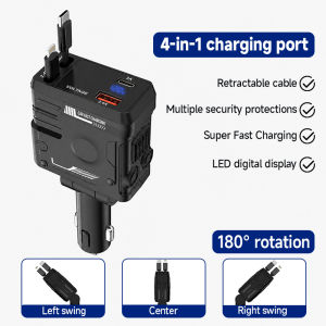 4-in-1 Car Charger With Retractable Cable Dual Fast Charging Cable Multi-Port Digital Display Voltage Monitoring Function Car Fast Charger 车载充电器
