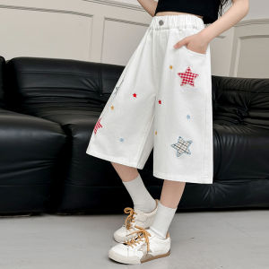 Kids Child Summer Retro Blue Denim Shorts with Stars for Tweens Girl Hip Hop Pocket High Waist Slim Knee Length Capris Jeans h260702
