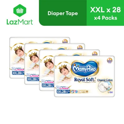 MamyPoko Royal Soft Organic Cotton Baby Diaper Tape Bundle XXL (28 pcs) x 4 packs - for 15-25 kg (Online Exclusive)
