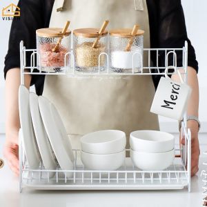 Vision Multi-functional Double-layer Dish Storage Rack with Chopsticks Cage Stainless Steel Kitchen Sink Plate Bowl Drying Shelf with Tableware Storage Box Space Saving Sink Cutlery Drainer Drying Plate Stand Shelves Storage Organizer Holder
