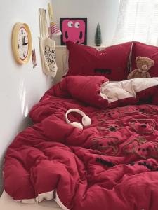 A Class Simplicity ins Wind Puppy Towel Embroidered Quilt Cover Ultra Soft Washed Cotton Four-Piece Set Student Bed Three-Piece Set Bed Sheet LZD