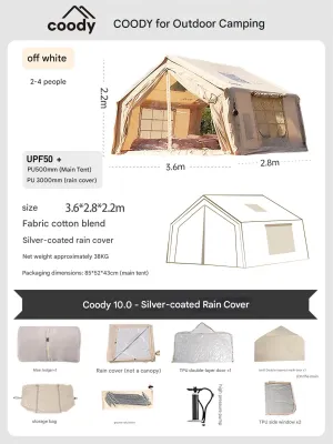 Coody AIR Cabin 10.0 Premium 4-6 Persons Inflatable Tent Blended Cotton PVC Air Pole Black Vinyl Coated Rain Cover Sunscreen 4 Season Windproof Rainproof Ridge Tent