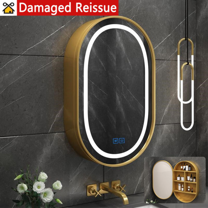 Solid Wood Oval Bathroom Mirror Wall Mounted Intelligent with Light and Mist Removal
