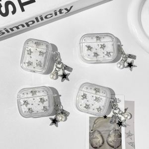 SPARAK Clear Earphones Case with Pendant Silver Stars Headphones Protective Shell Fashion TPU Soft Cover for Airpods 4/3/2/1/pro3/pro2/pro
