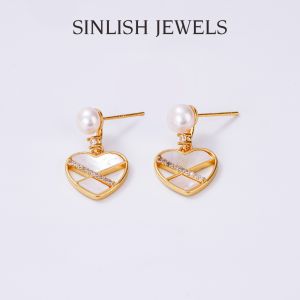 SINLISH Pearl Heart Earrings Elegant Signature Jewelry 18K Gold Vermeil (one pair)