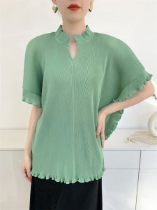 S-984F# One Size (45-75kg) Summer Peplum Top Female Ruffled Short Sleeves Turtleneck T-Shirt