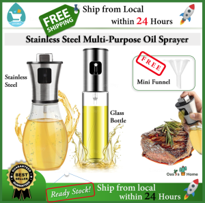 Oasis Home Oil Spray Mist Premium Stainless Steel Glass Bottle 100ml/200ml Home Cooking Oil Sprayer Dispenser with Funnel Kitchen Tools For Fried Chicken/BBQ/Baking/Barbecue/Air Fryer//Salad/Olive Oil Dispenser 喷油瓶喷雾 LotzBuy