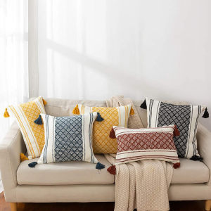 Boho Throw Pillow Case Decorative Cotton Woven Cushion Cover Modern Diamond Jacquard Pillow Cover for Bed Sofa Bohemian Home Decor