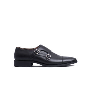 Argo Black - Sepatu Kulit Formal Cap Toe Double Monk Strap
