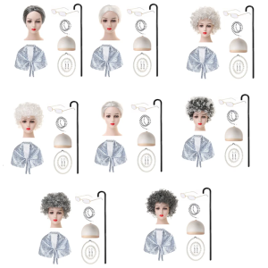 9 cái bà già mặc quần áo lên Bộ tóc giả kính khăn choàng vòng tay vòng cổ bông tai trẻ em Bà Ngoại phụ kiện hóa trang