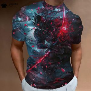 Vintage 3D Samurai Pattern T-Shirt Men Summer Outdoor Men Top Fashion Breathable Men Short Sleeve Tee Round Neck Mens Clothing