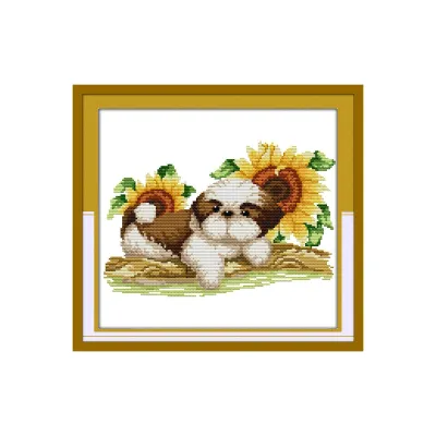 【New and Improved】 Crossdecor Printed Aida Cloth Cross Stitch Complete Materials Set Puppy is watching Patterns Handmade DMC 11CT 14CT Needlework DIY Embroidery Cotton Thread Set Factory Outlet Room