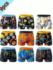 9pcsBoys Teenage Knitted Sports Underwear with Unique Print Comfortable Skin-friendly Fabric Flat-angle Short Pants2026